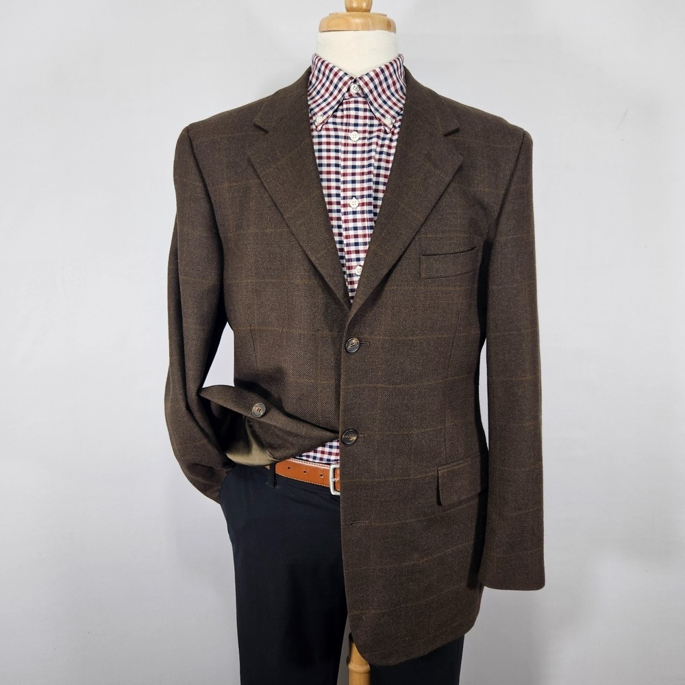 Stafford Men's Sport Coat Blazer Three Button Brown Plaid Soft Wool Cashmere 42L